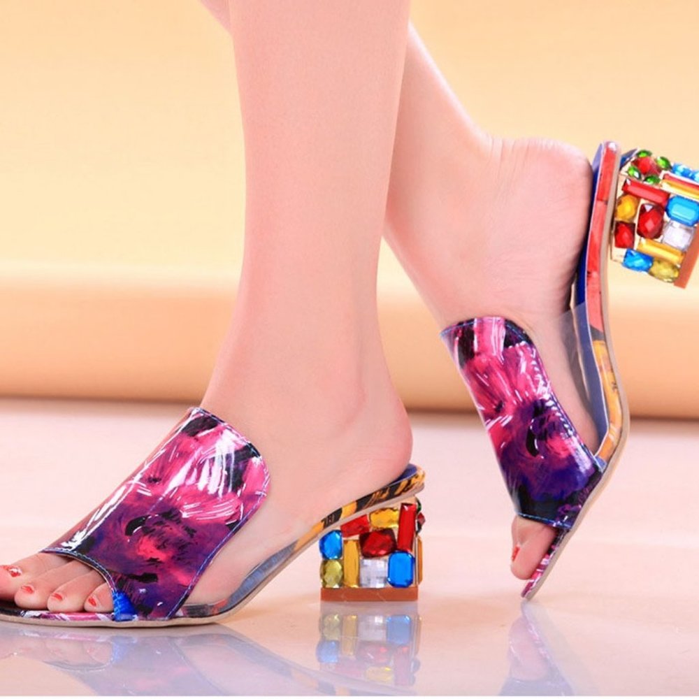 Women's Crystal Peep Toe Heels Slides Shoes